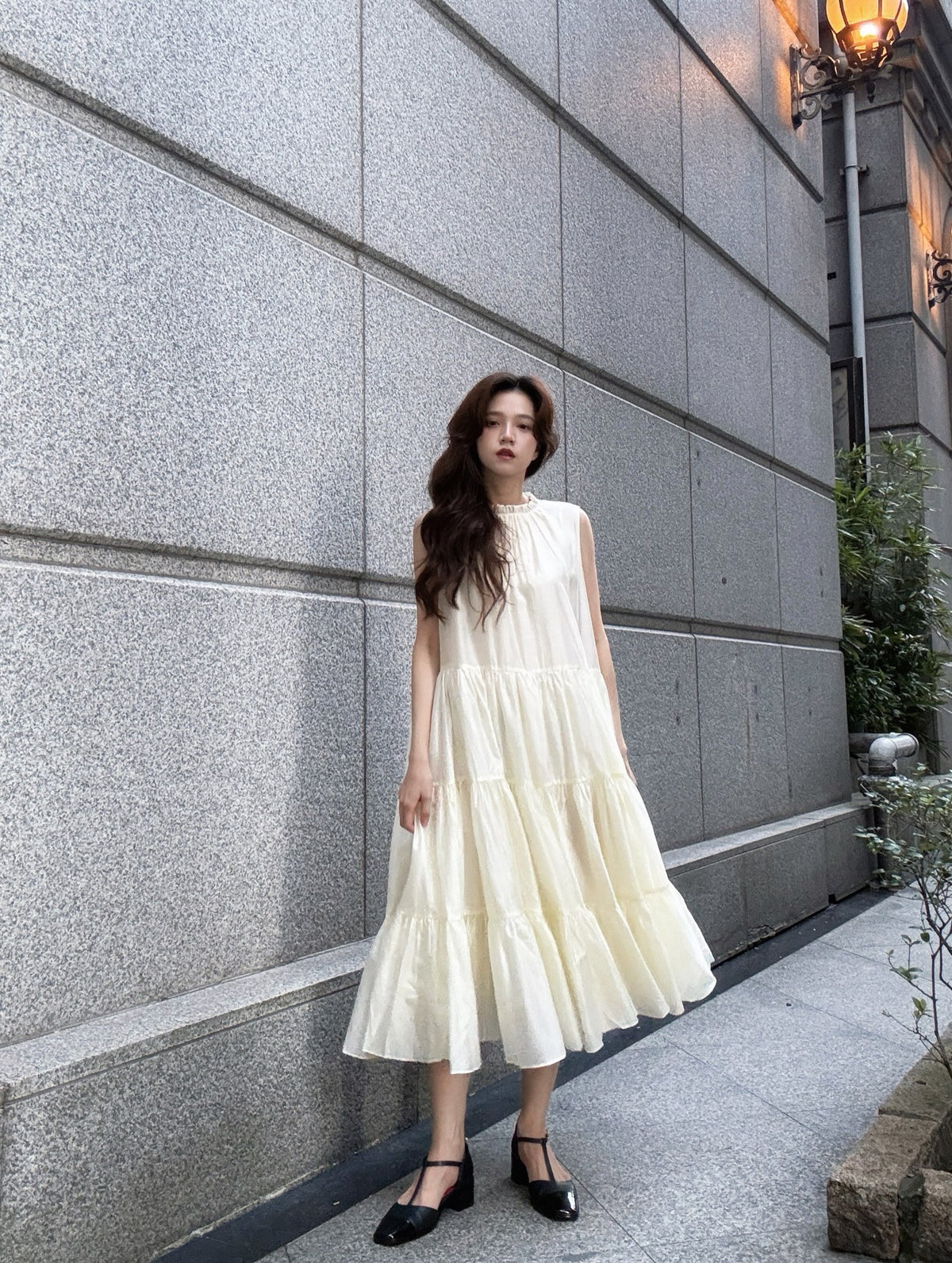 《술취한 오드리》 티어드 개더 원피스-Ivory 着用例 159cm
      ドレスS着用