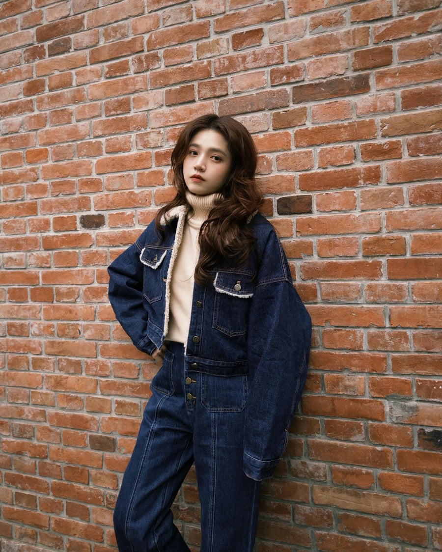 《Annie singing while taking a bath》 Front button high waist denim pants - Navy 着用例 159cm
      アウターM、セーターS、ボトムスXS着用