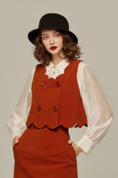 [I got freckles] Scallop design double-breasted vest-Orange red