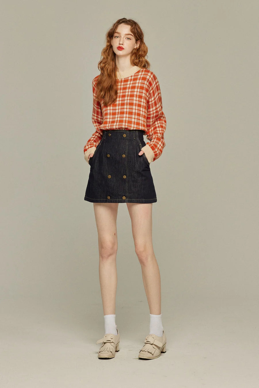 《Strawberry jam attached》Retro check sweater-Orange red