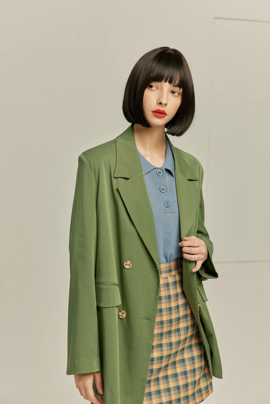 《Draw a map with tree branches》Double button jacket-Light green