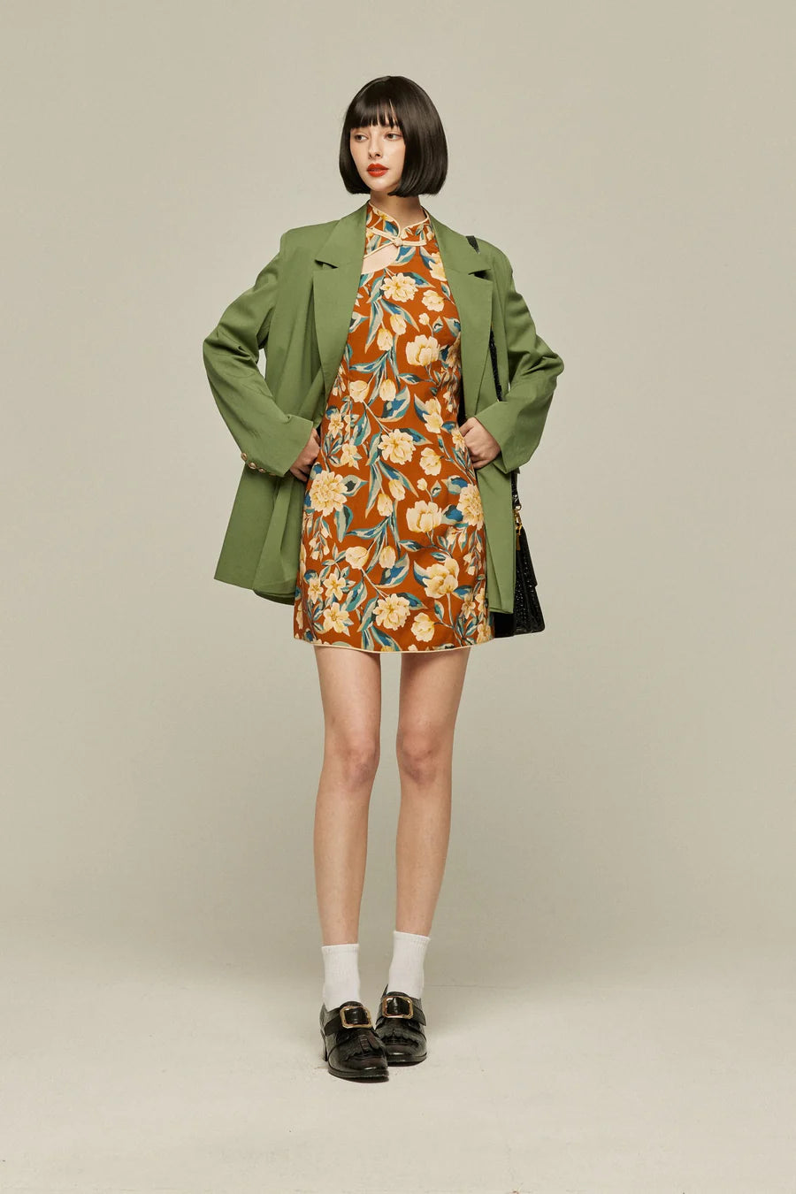 《Draw a map with tree branches》Double button jacket-Light green