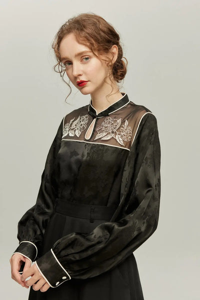 《手相を見せてみて》オリジナル刺繍シノワズリブラウス-Black