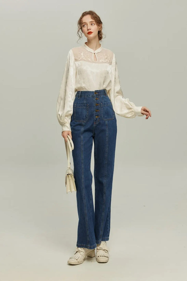 [Show me your palm] Original embroidery chinoiserie blouse-White