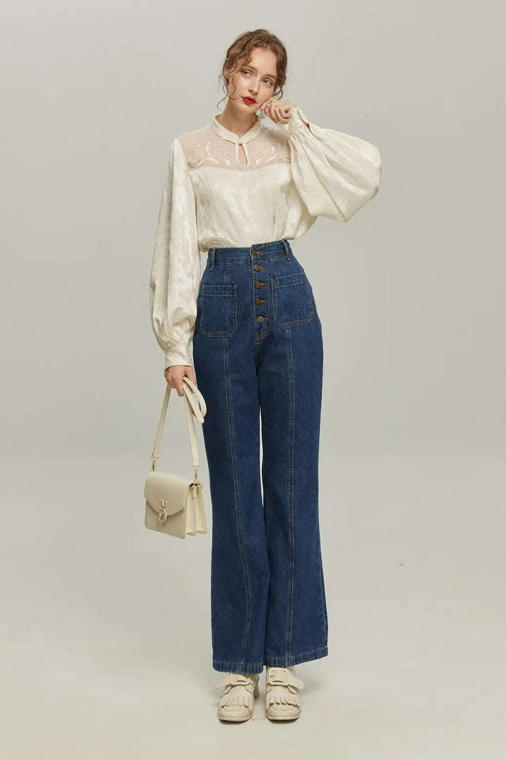 [Show me your palm] Original embroidery chinoiserie blouse-White