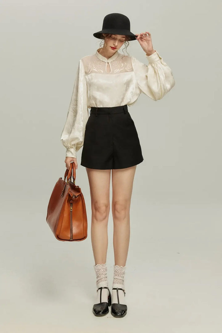 [Show me your palm] Original embroidery chinoiserie blouse-White
