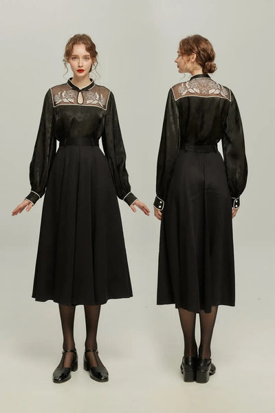 《手相を見せてみて》オリジナル刺繍シノワズリブラウス-Black