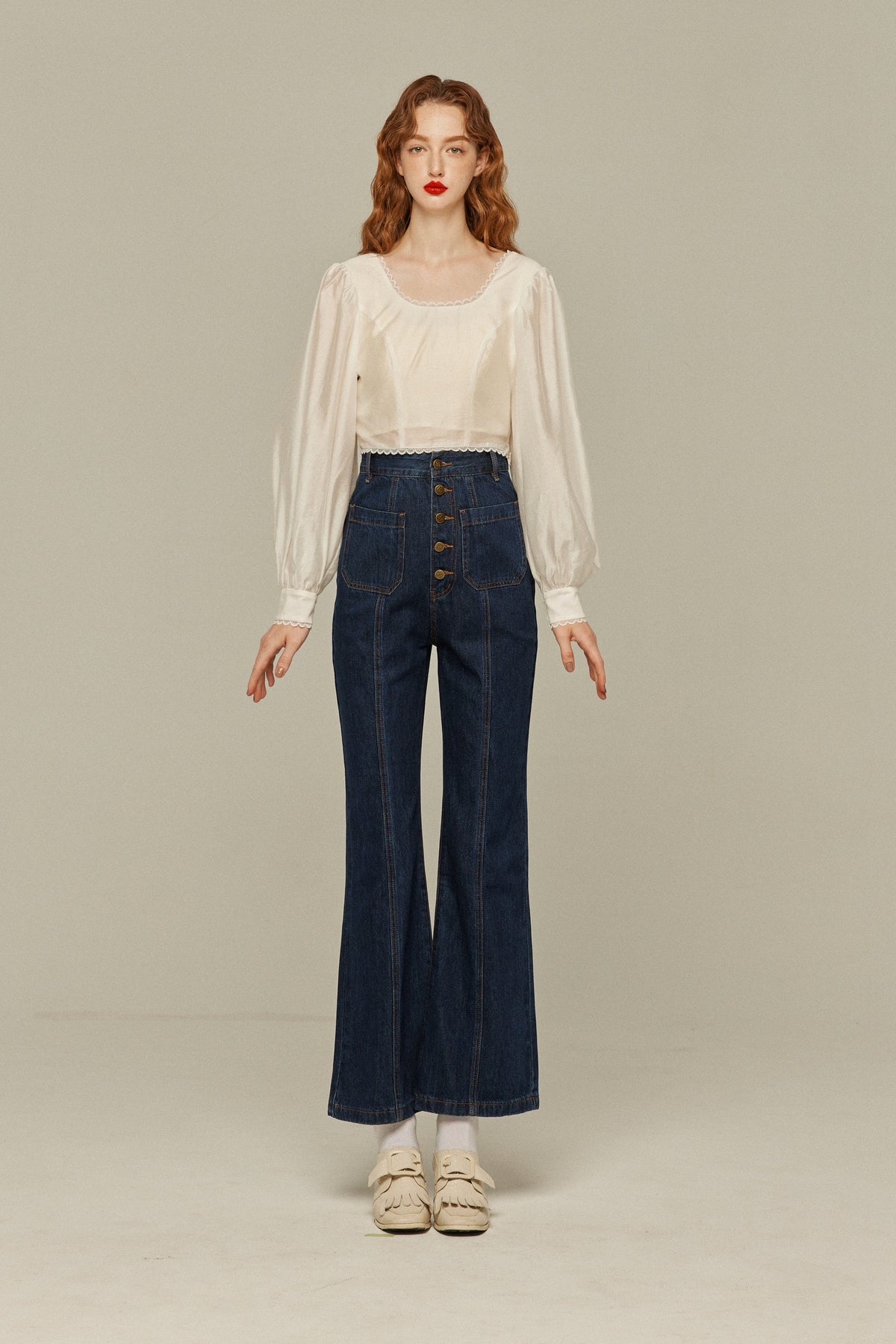《Annie singing while taking a bath》 Front button high waist denim pants - Navy