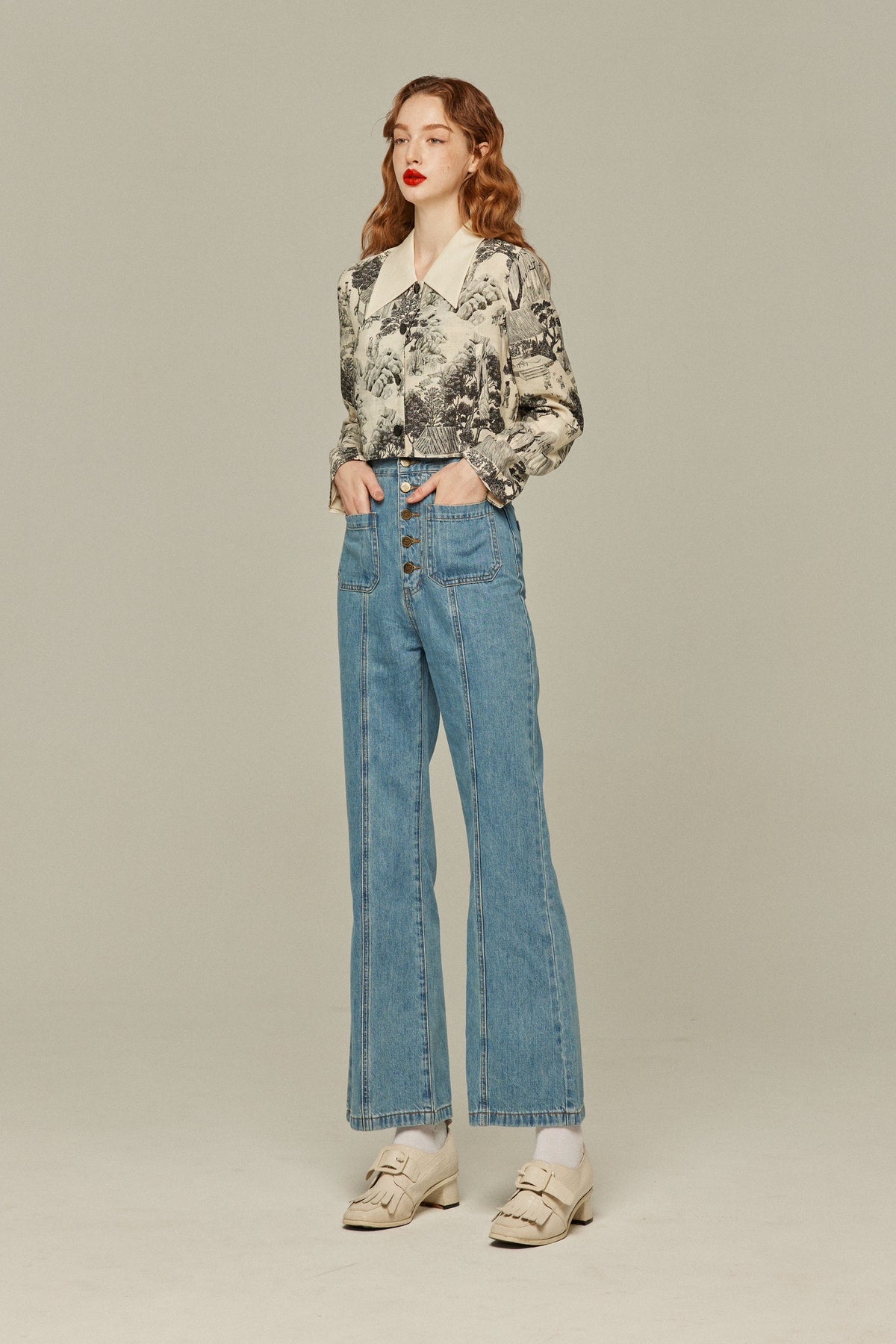 《Annie singing while taking a bath》 High waist front button denim pants-Blue