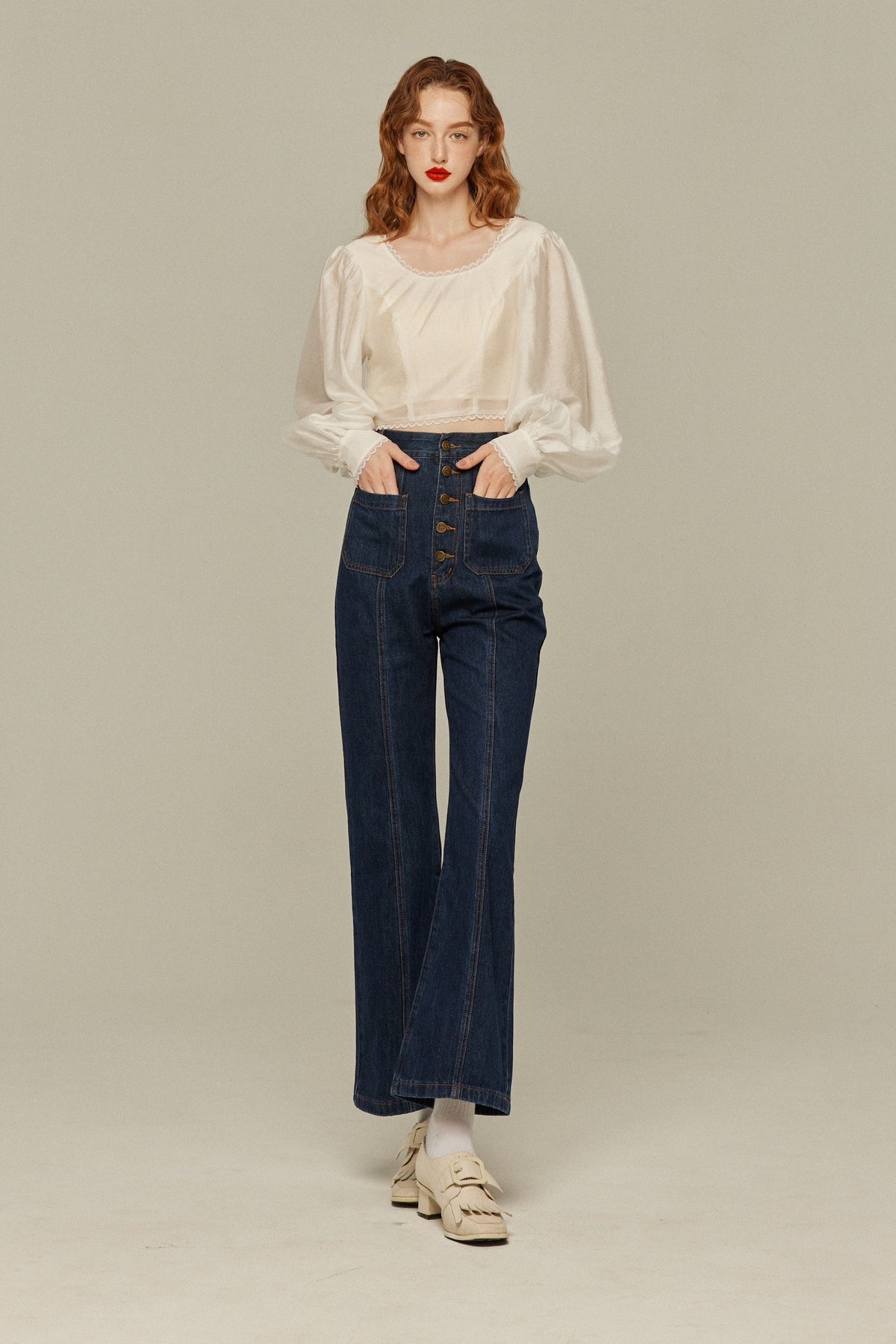 《Annie singing while taking a bath》 Front button high waist denim pants - Navy