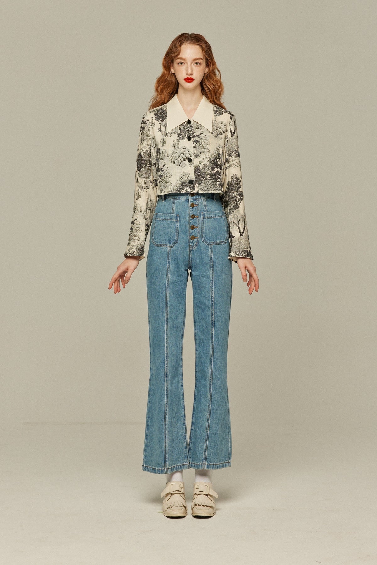 《Annie singing while taking a bath》 High waist front button denim pants-Blue