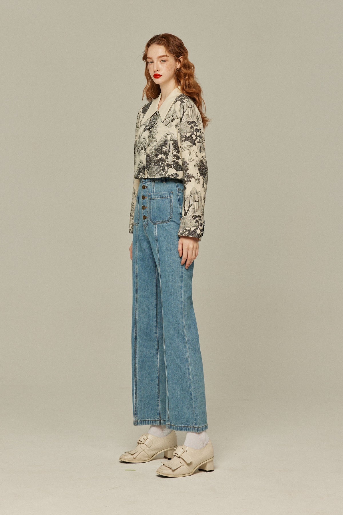 《Annie singing while taking a bath》 High waist front button denim pants-Blue