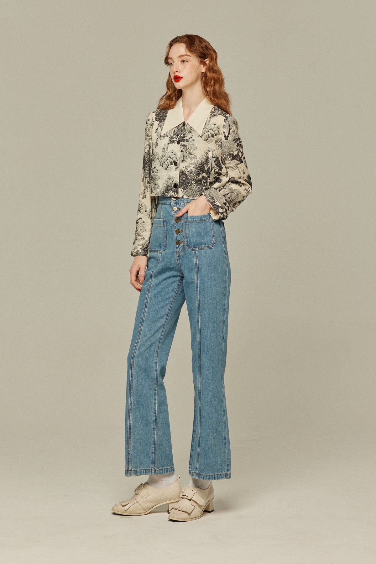 《Annie singing while taking a bath》 High waist front button denim pants-Blue