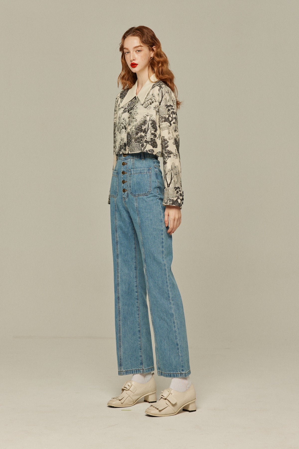 《Annie singing while taking a bath》 High waist front button denim pants-Blue