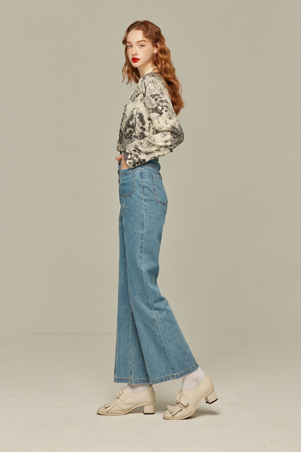 《Annie singing while taking a bath》 High waist front button denim pants-Blue