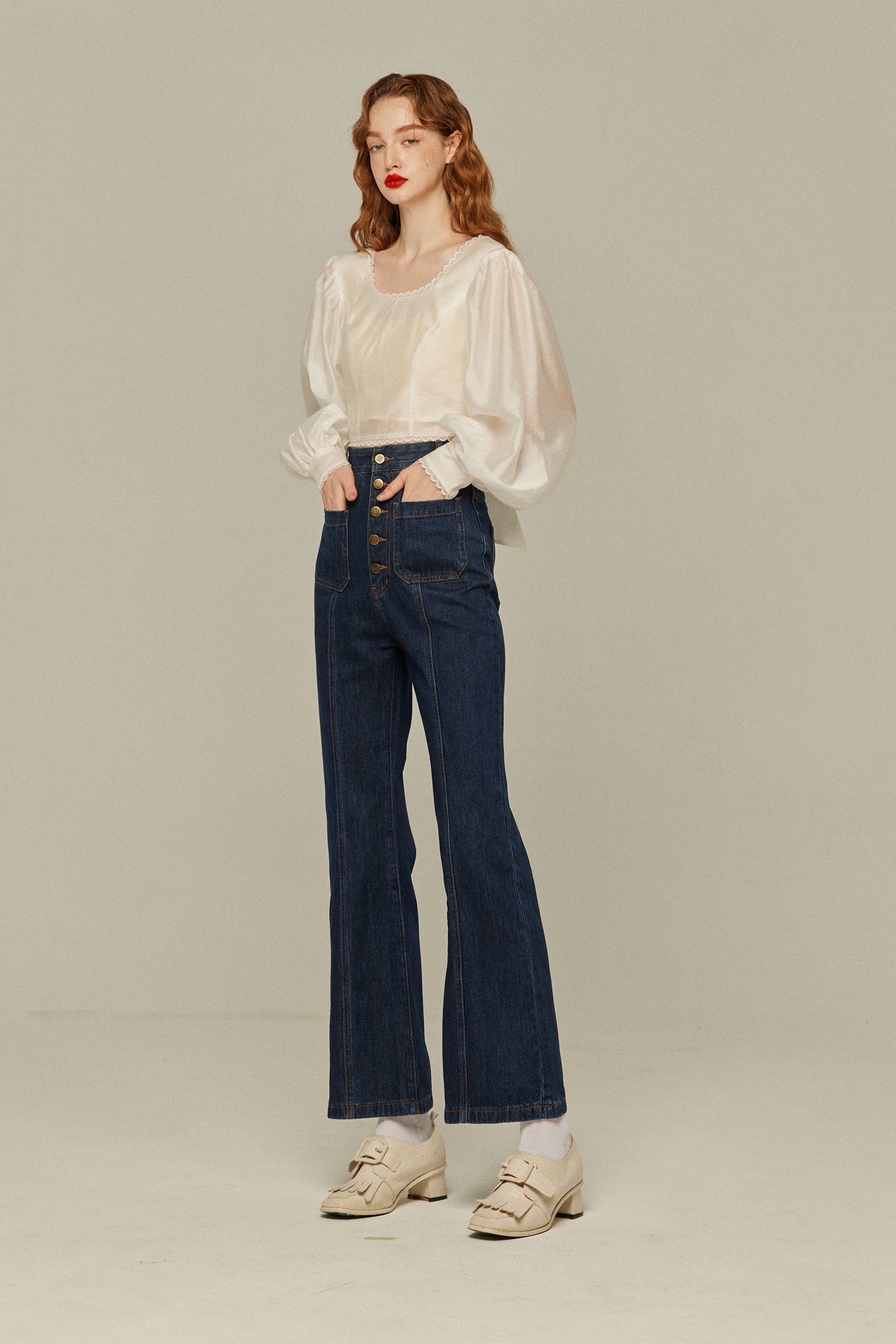 《Annie singing while taking a bath》 Front button high waist denim pants - Navy