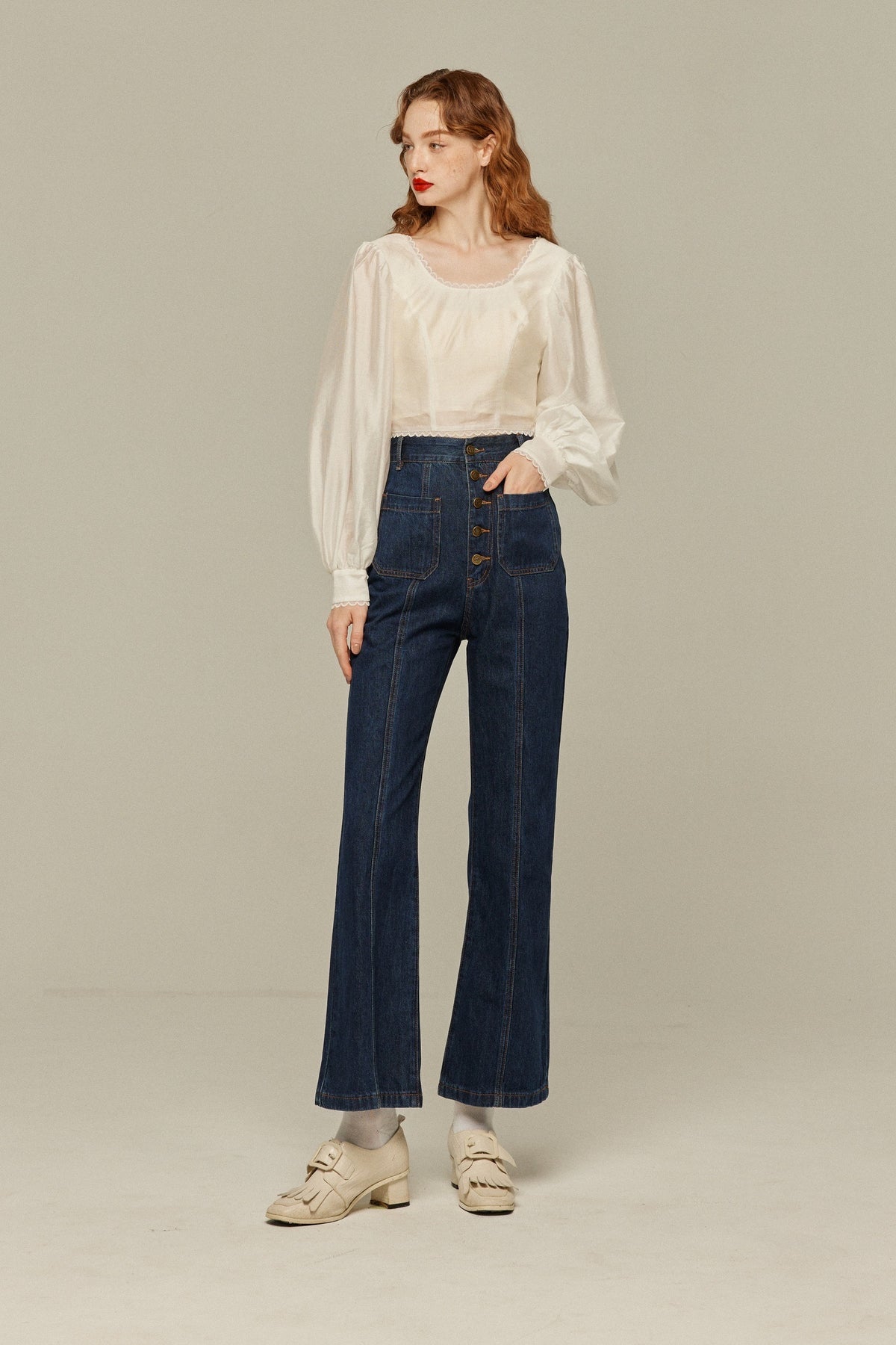 《Annie singing while taking a bath》 Front button high waist denim pants - Navy
