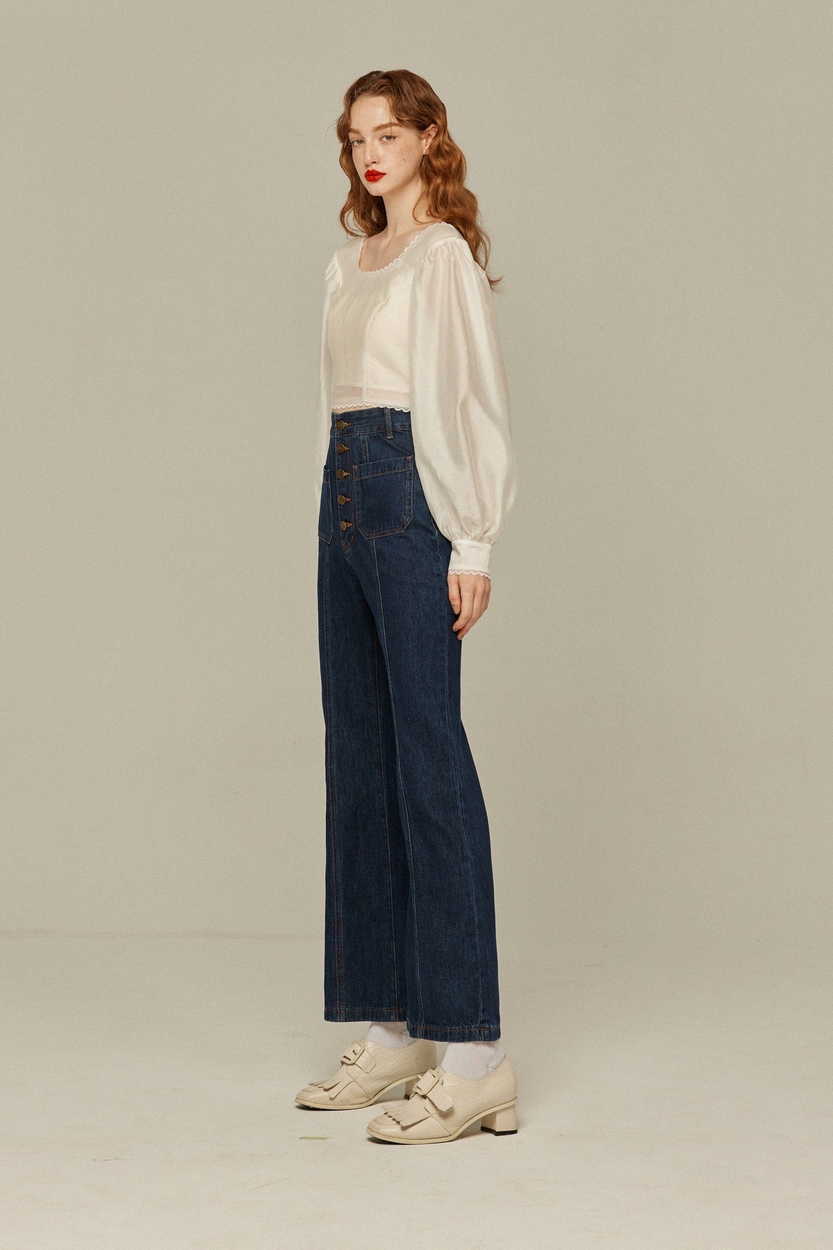 《Annie singing while taking a bath》 Front button high waist denim pants - Navy