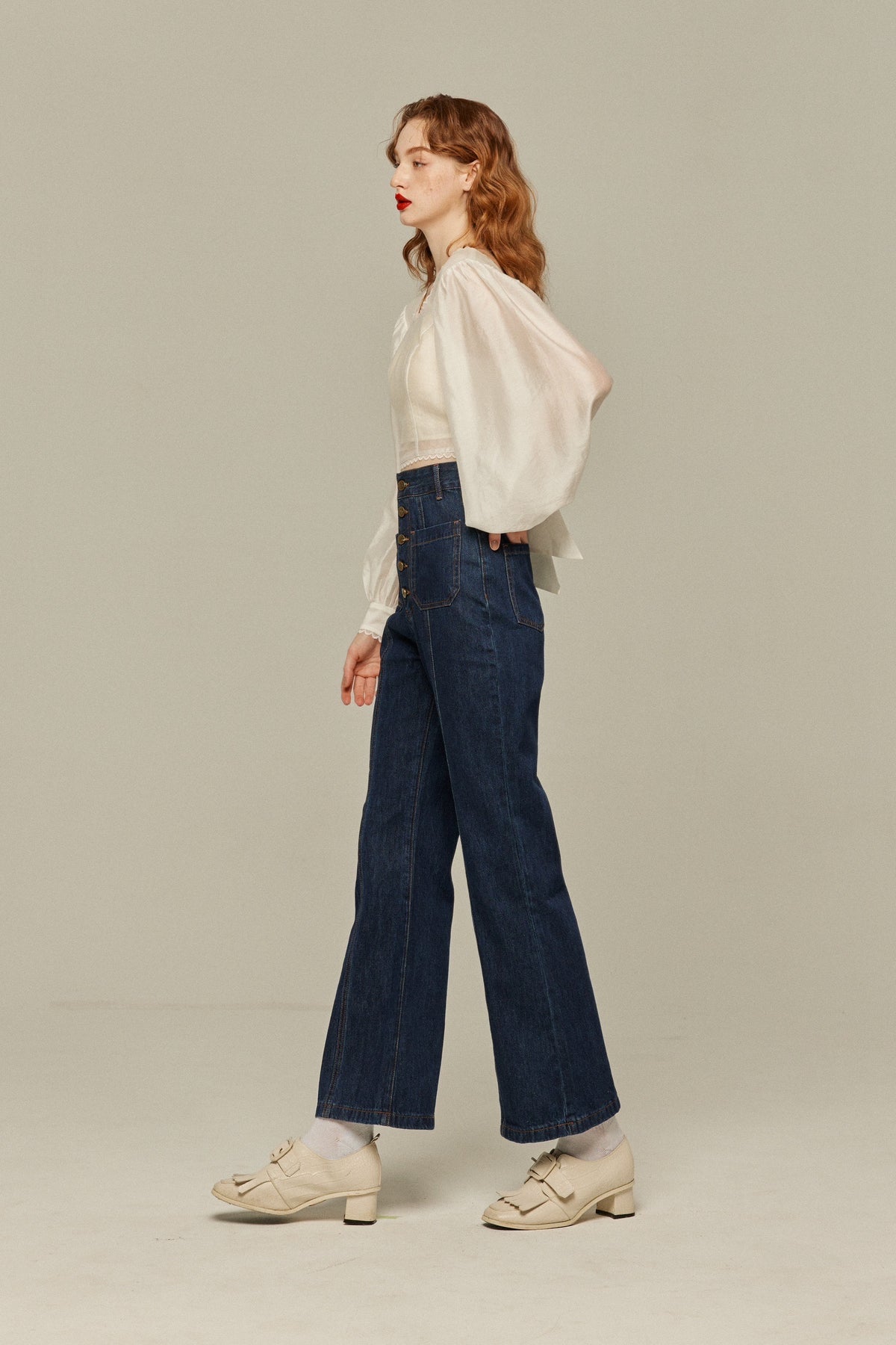 《Annie singing while taking a bath》 Front button high waist denim pants - Navy