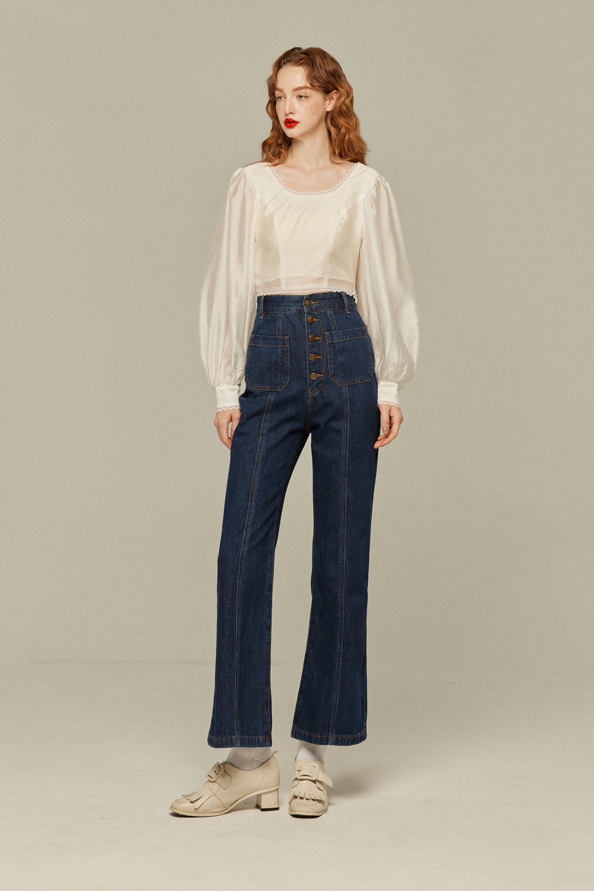《Annie singing while taking a bath》 Front button high waist denim pants - Navy