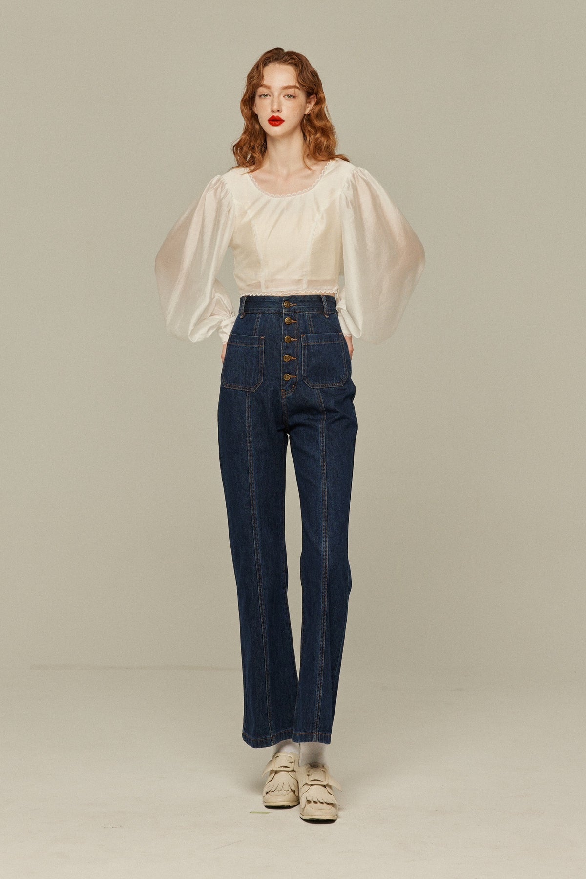 《Annie singing while taking a bath》 Front button high waist denim pants - Navy