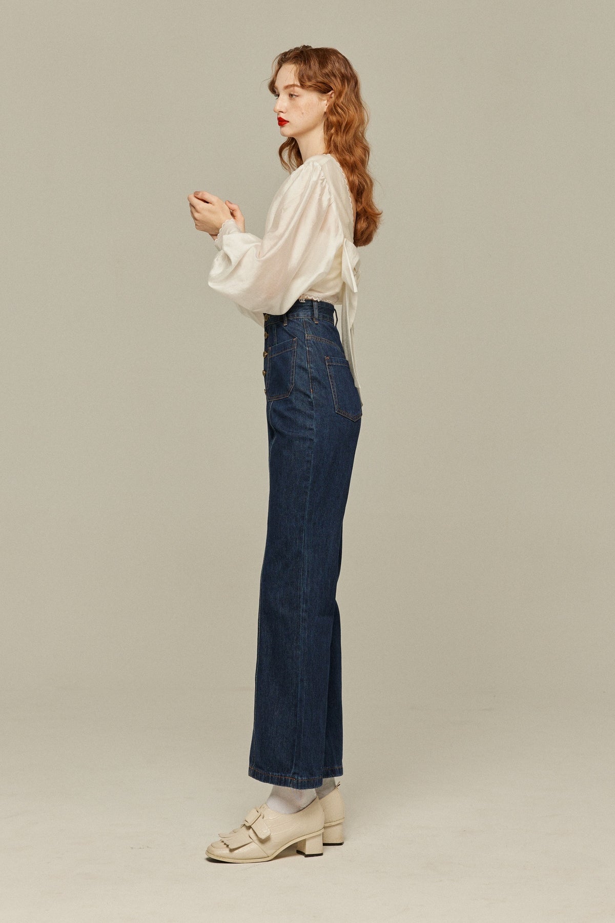 《Annie singing while taking a bath》 Front button high waist denim pants - Navy