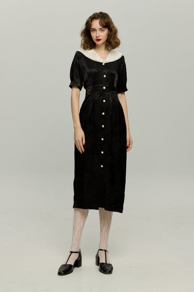 《一籠の包子は何個？》レーストリムジャガードワンピース-Black