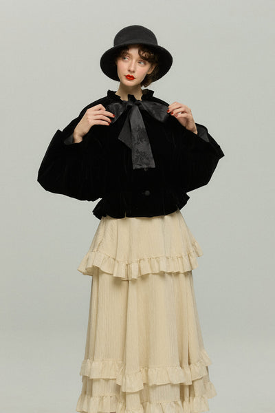 《アルファベット順に並べる》バルーンスリーブリボントップス-Black