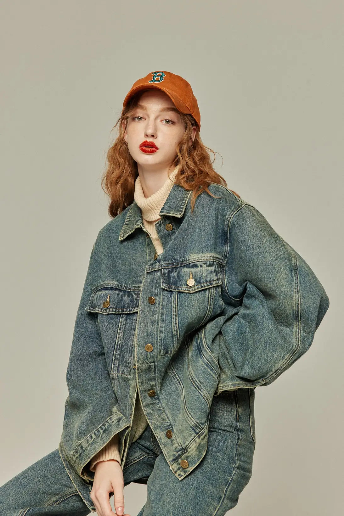《Watching a soccer match》 High waist straight denim pants-Blue