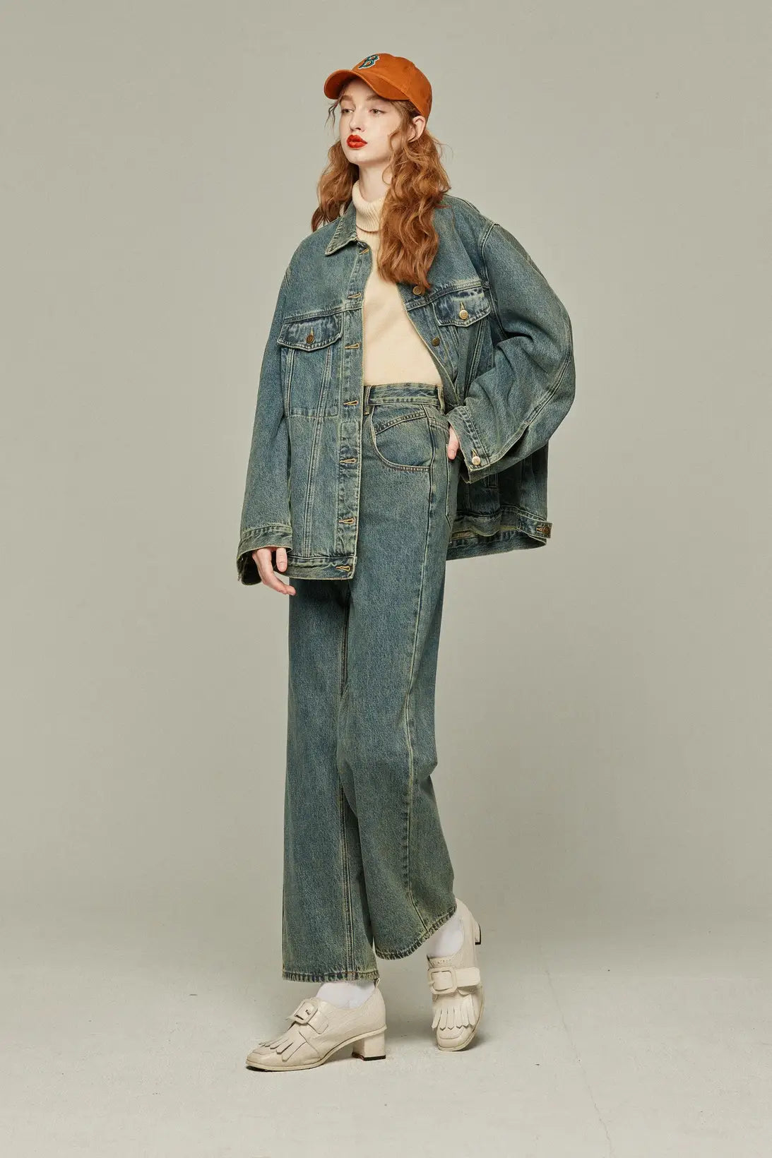 《Watching a soccer match》 High waist straight denim pants-Blue