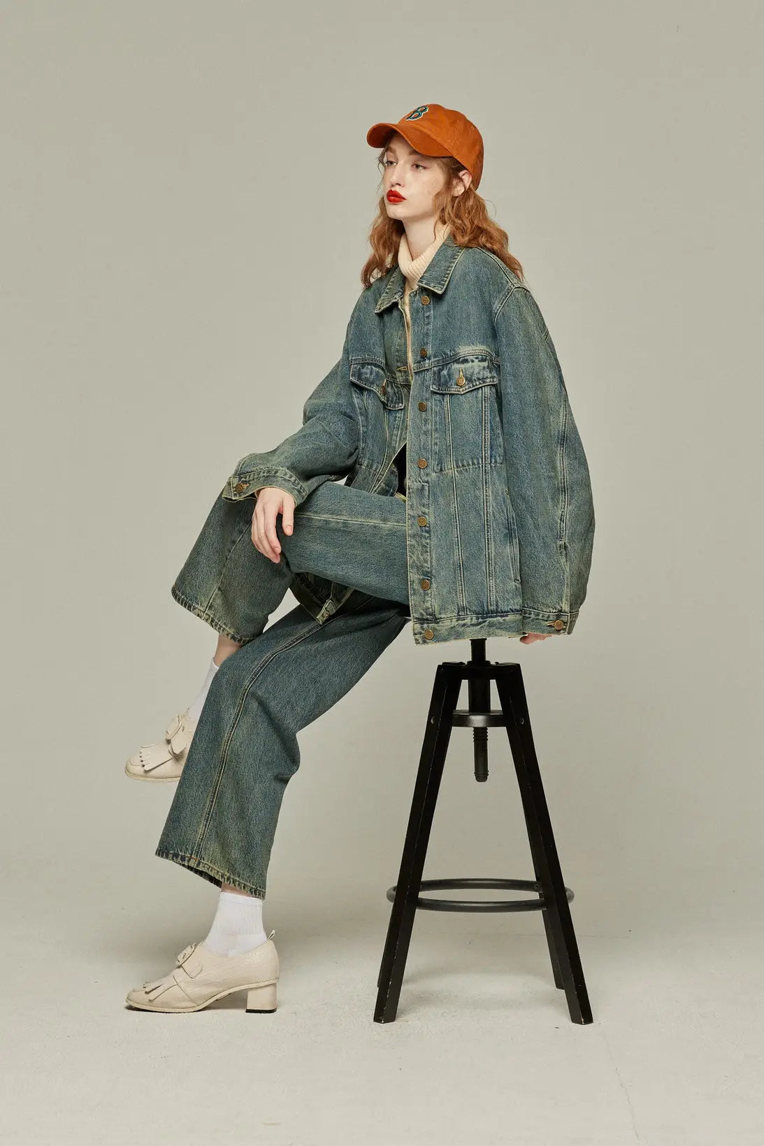 《Watching a soccer match》 High waist straight denim pants-Blue