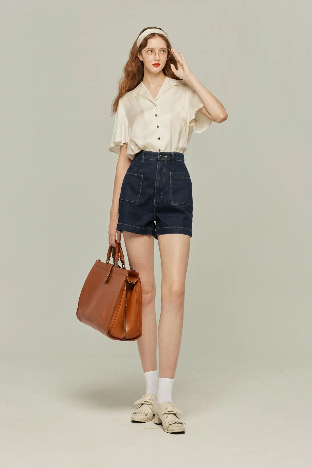 《Where can I find free sweets?》High waist short denim pants-Navy