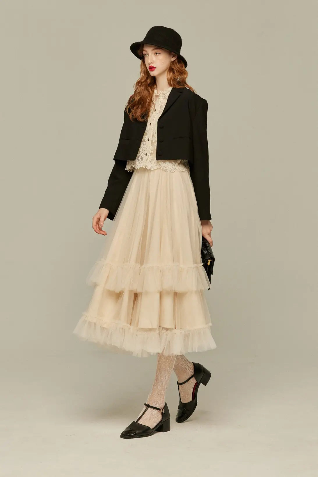 《Actually, I am 300 years old》 Tulle ruffle high waist flare skirt-Cream