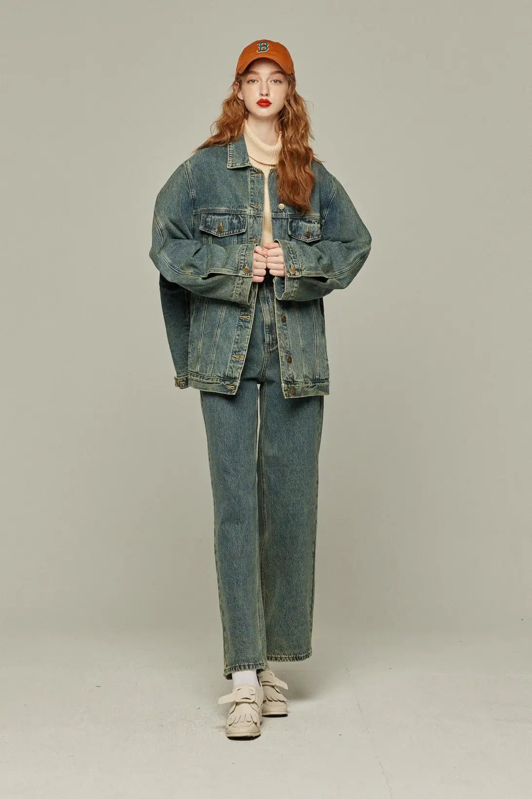 《Watching a soccer match》 High waist straight denim pants-Blue