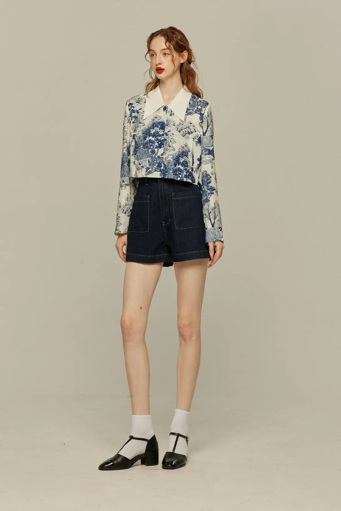 《Where can I find free sweets?》High waist short denim pants-Navy