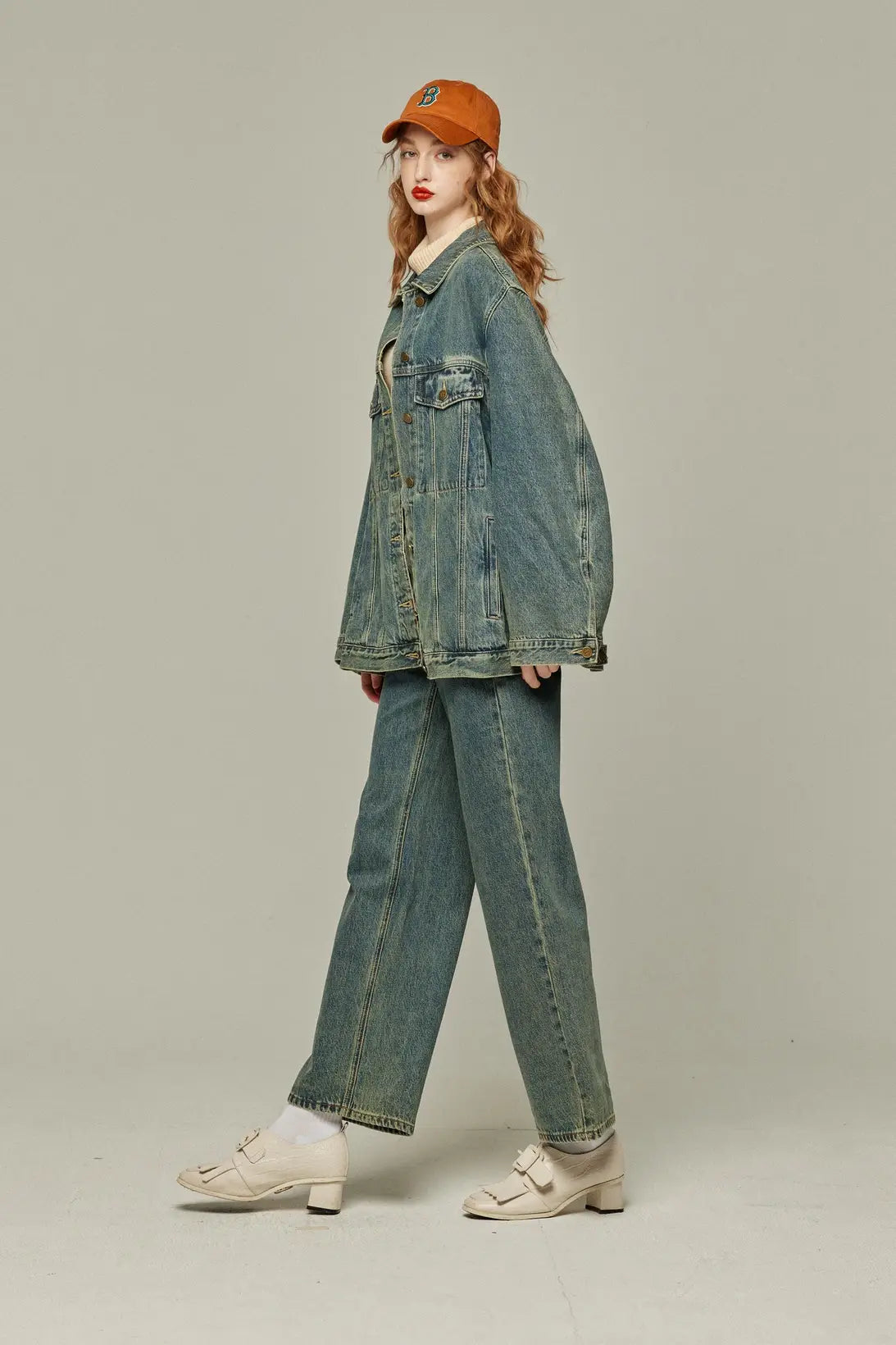《Watching a soccer match》 High waist straight denim pants-Blue