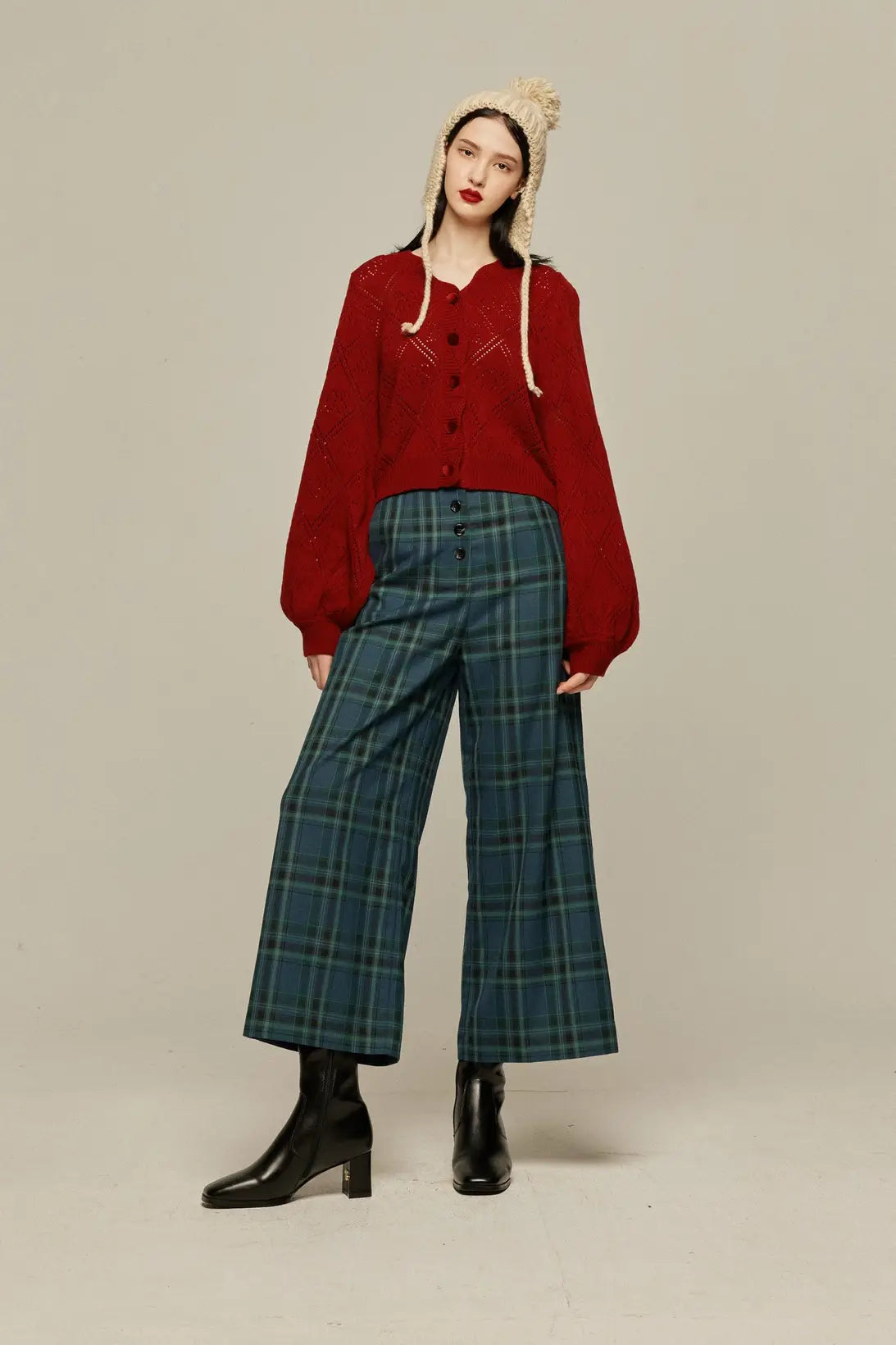 《Bumping into Paul on the street》 High waist wide check pants-Blue green