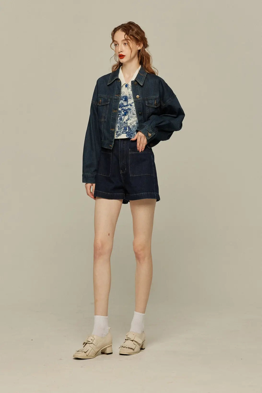 《Where can I find free sweets?》High waist short denim pants-Navy