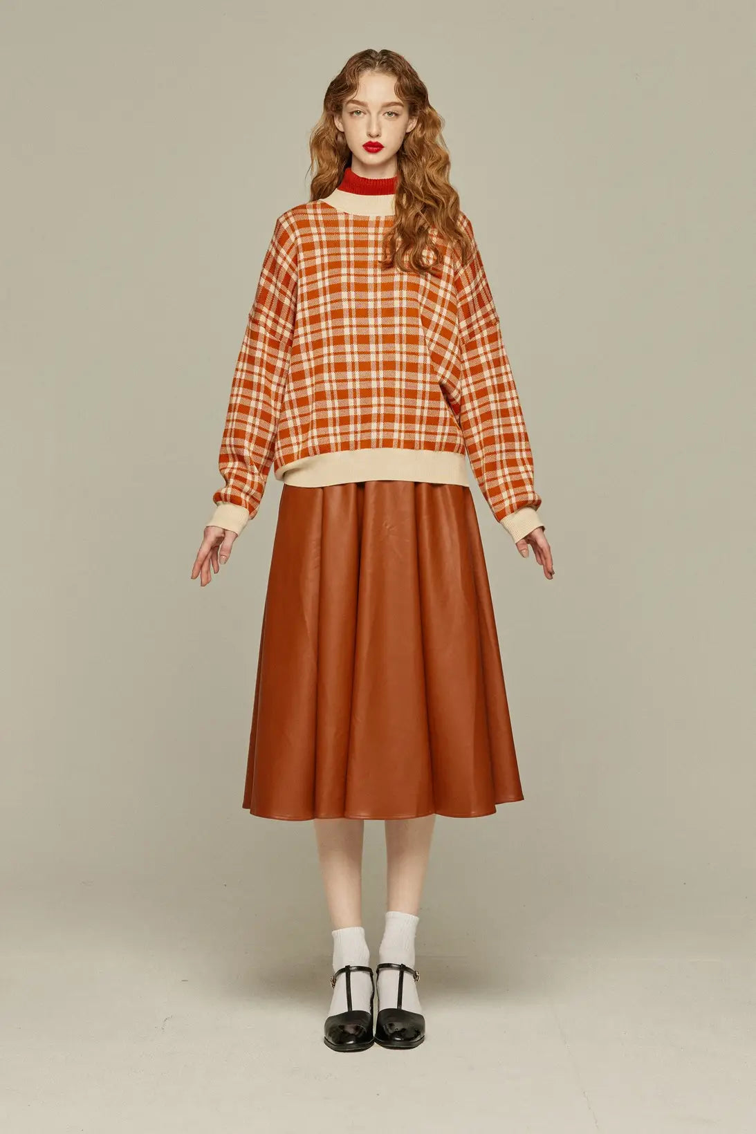 《Strawberry jam attached》Retro check sweater-Orange red