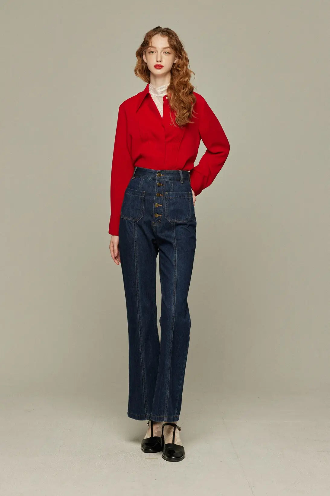 《Annie singing while taking a bath》 Front button high waist denim pants - Navy