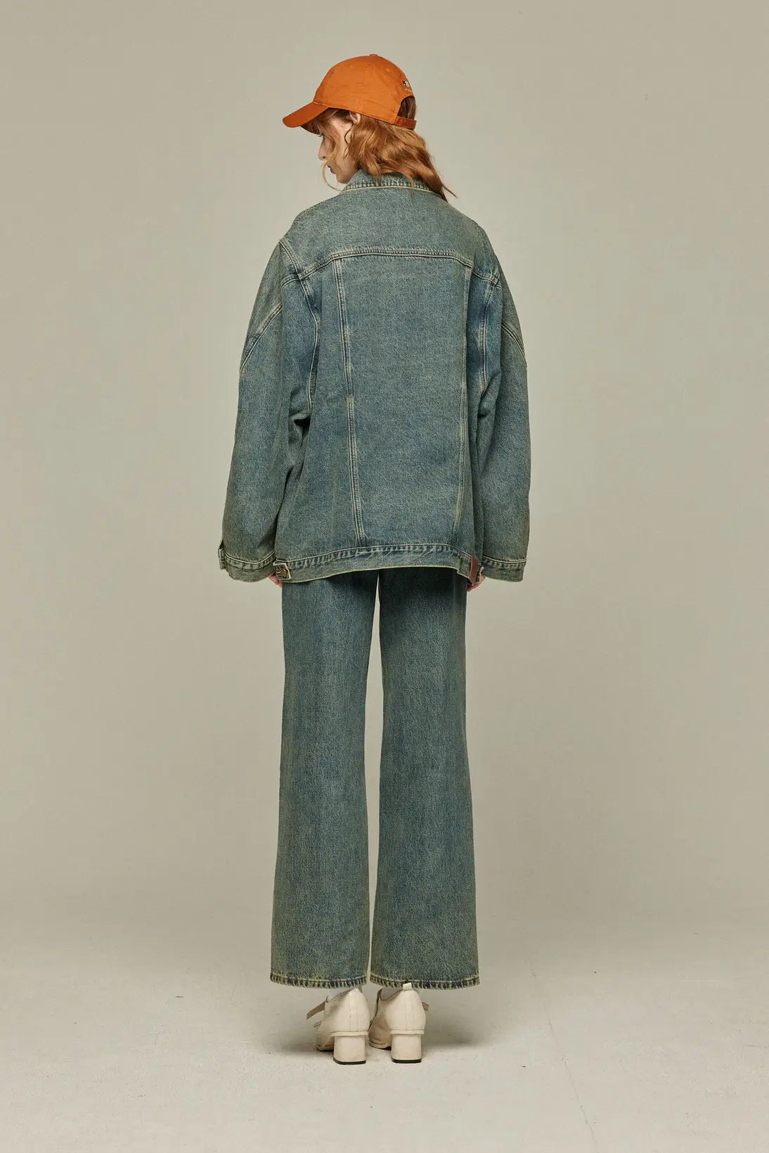 《Watching a soccer match》 High waist straight denim pants-Blue