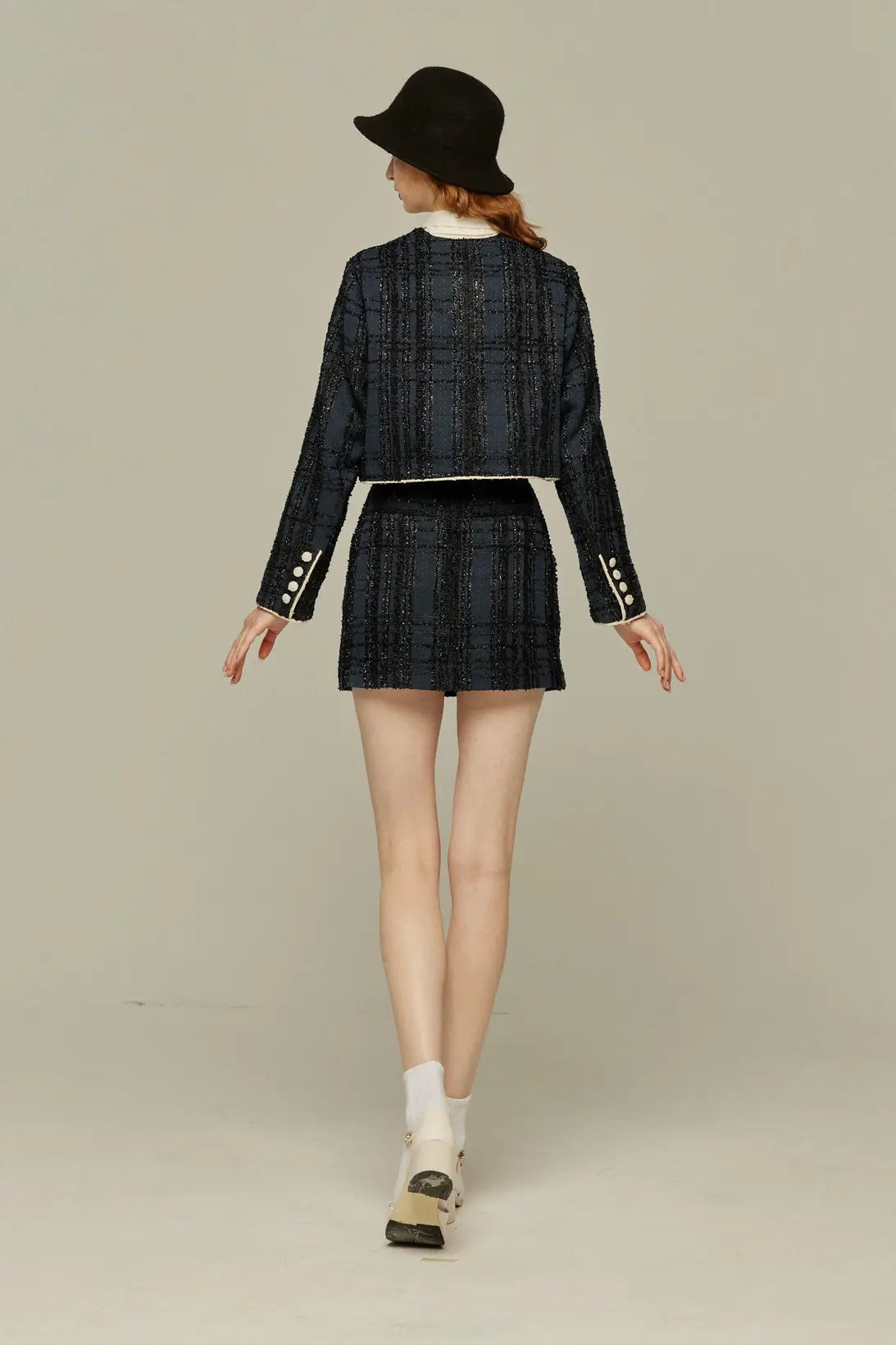 《I booked first class》Crop lame jacket-Navy