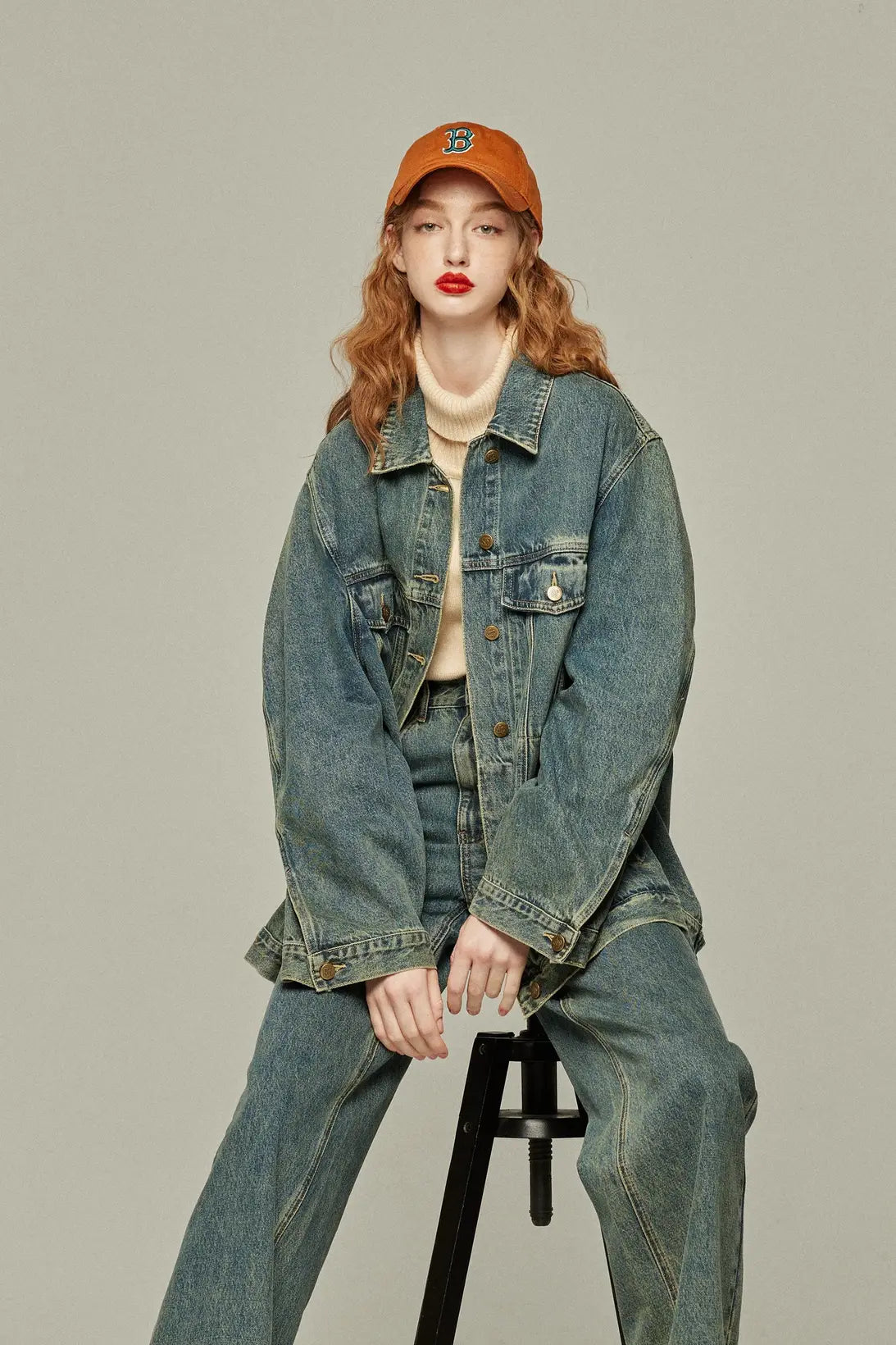 《Watching a soccer match》 High waist straight denim pants-Blue