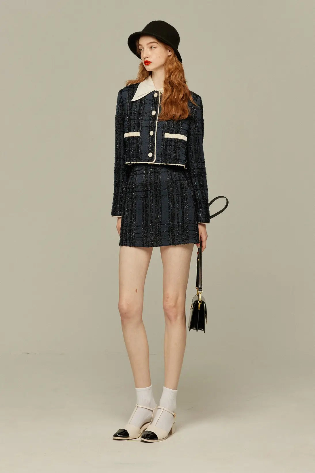 《I booked first class》Crop lame jacket-Navy