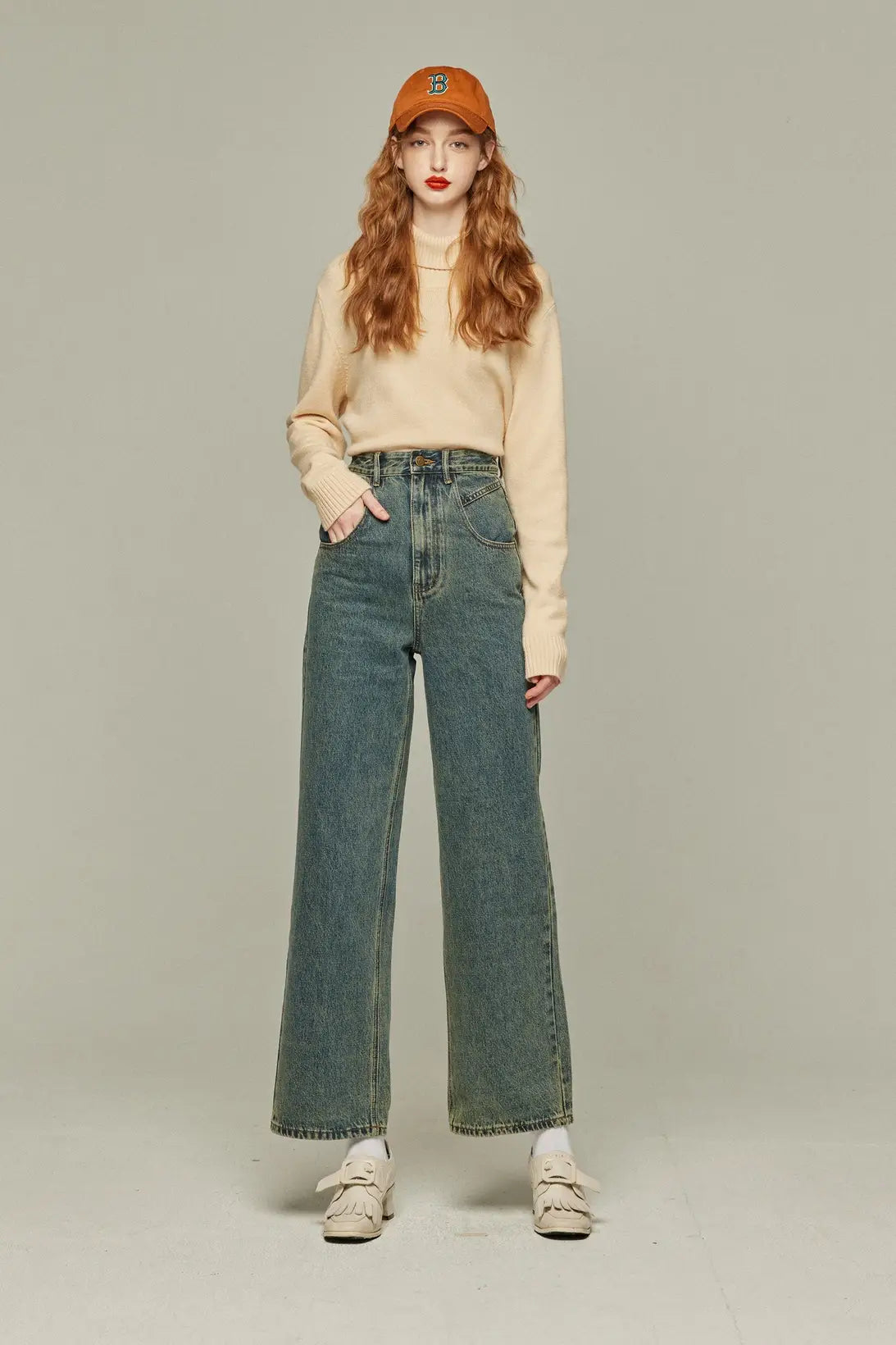 《Watching a soccer match》 High waist straight denim pants-Blue