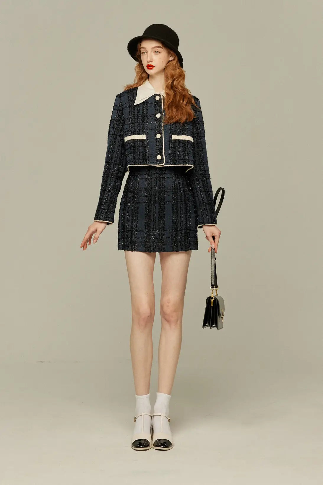 《I booked first class》Crop lame jacket-Navy