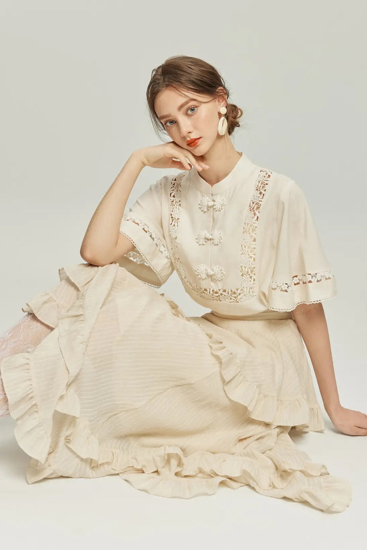 Tnewties チャイナバックルスリーブレストップス 100年も前からある》チャイナバックルスリーブレストップス-Navy