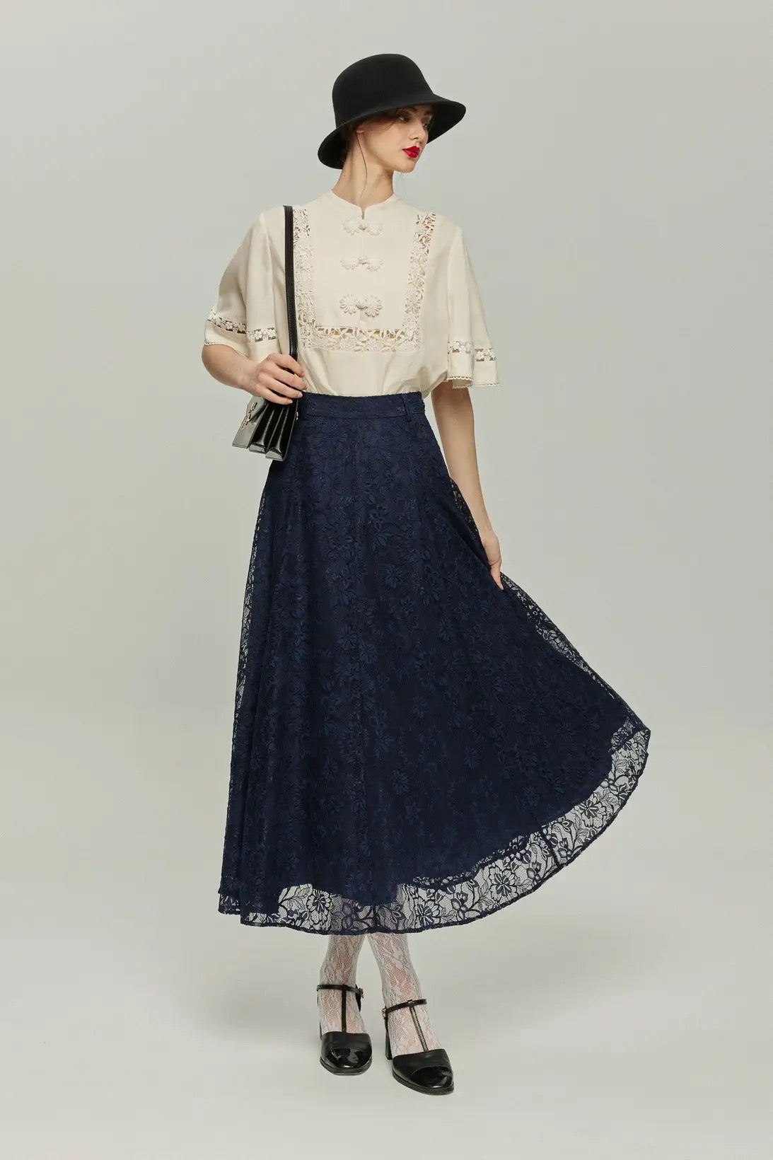 Existing for 100 years] High waist flare lace skirt-Navy – Tnewties