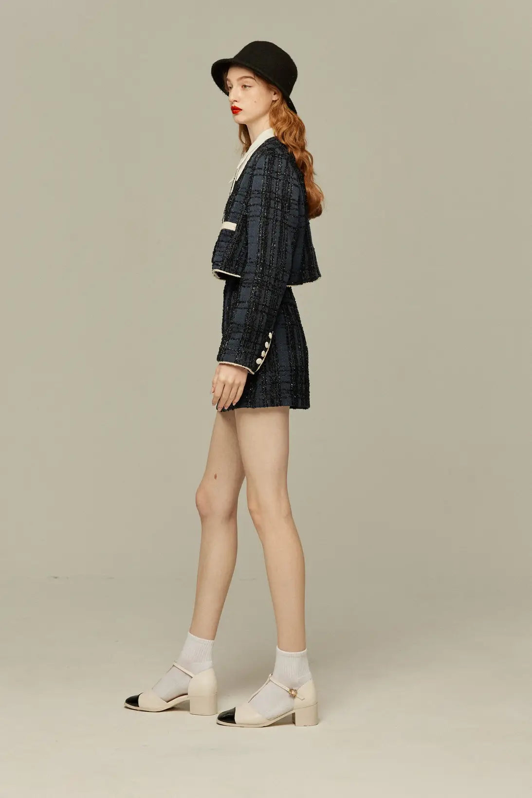 《I booked first class》Crop lame jacket-Navy