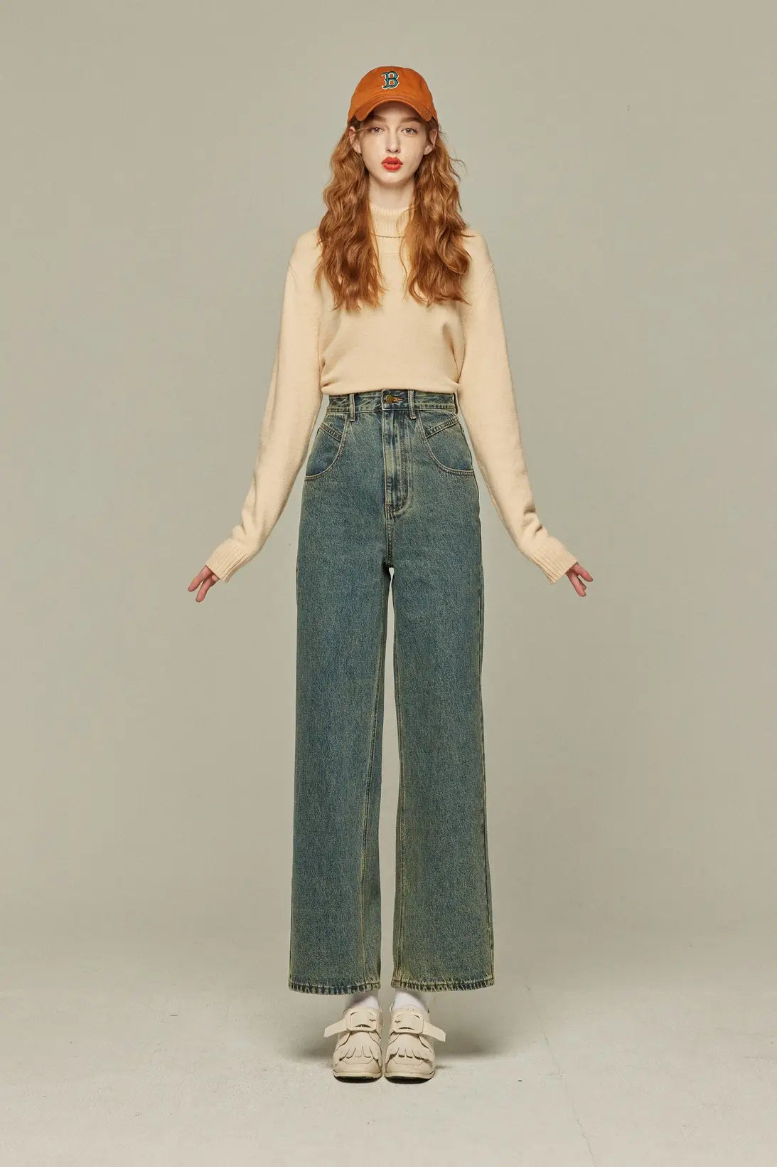《Watching a soccer match》 High waist straight denim pants-Blue